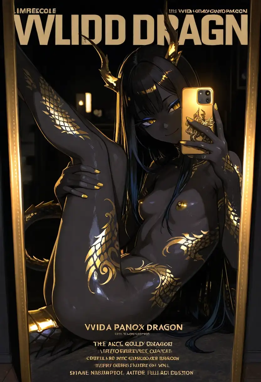 AI art 'The Spread - Mirror selfie Magazine' with user description 'Yes, I have combined the trends! It was a struggle to fit in all my prompts.
Hope you all enjoy my contribution to this Magazine trend :)

Also, yay! Sable's back ;)'