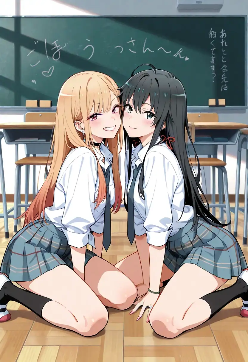 AI art 'Fun at school' with user description 'Marin Kitagawa and Yukino Yukinoshita participating in some extracurricular work.'