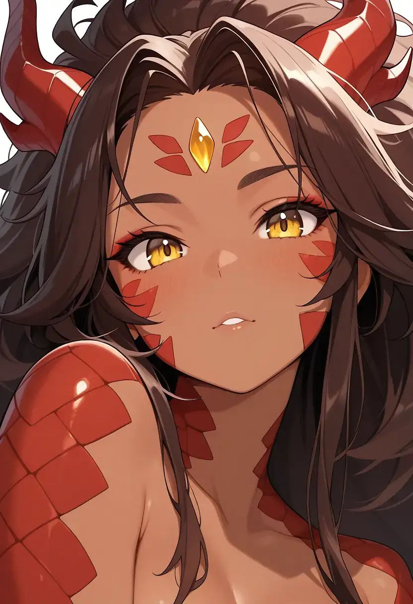 AI art 'Cave Quickie with a Dragon Cutie' for prompt: '1girl, dragon-girl, scaled skin, red scales, anthro, dragon tail, human face, brown hair,  {brown skin), (yellow eyes), big hair, messy hair, portrait, face scales, forehead gem'